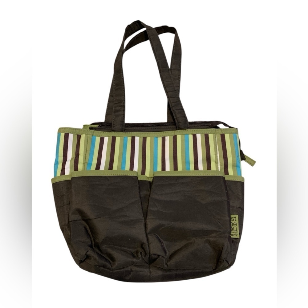 ⚡️Just One You Carter Brown Diaper Bag Tote Striped Green Blue Travel Carry-All